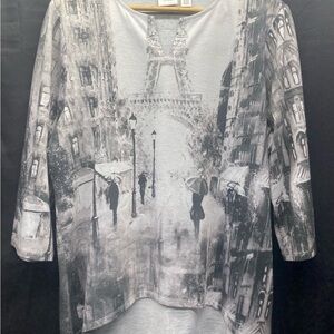 Chico's Parisian Weekends Light Gray Casual Top W 3 Small Clear Embellishments